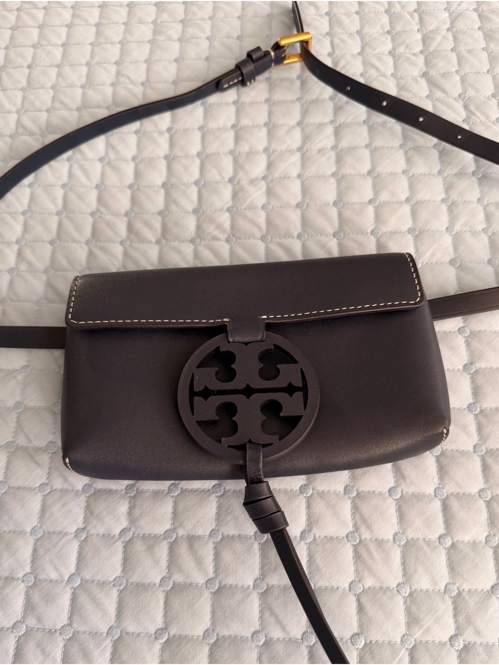 Tory Burch Navy Blue Leather Belt/Crossbody Bag with Logo Medallion